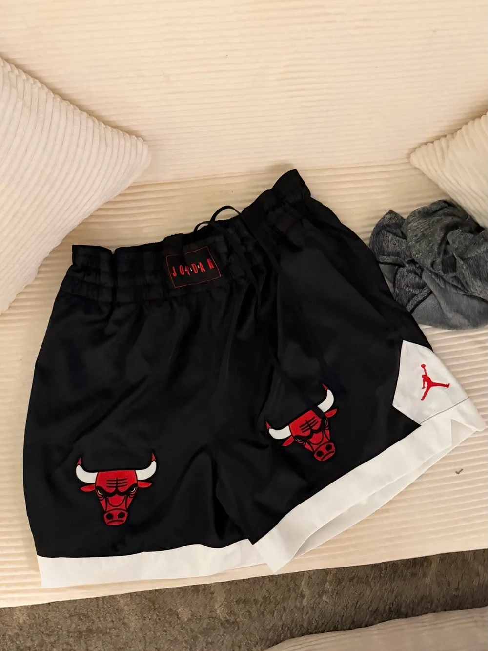 Jordan Black Athletic Shorts with Red Chicago Bull Logos